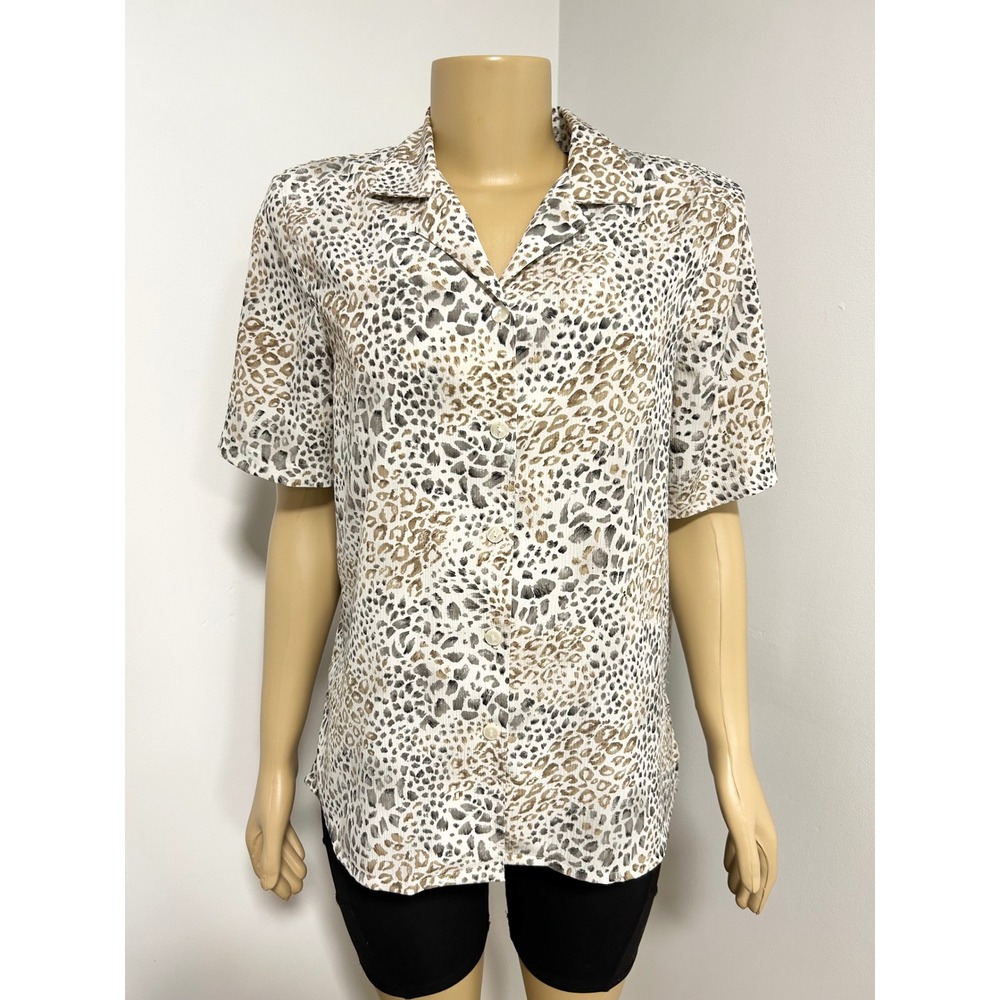 Alfred Dunner Petite Leopard Print Short Sleeve Button Down Shirt Tan Grey 14P